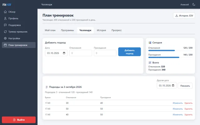 Скриншот кабинета: челлендж — подходы за день и прогресс к цели 200