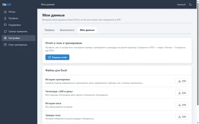 Скриншот кабинета: страница «Мои данные» с выгрузками